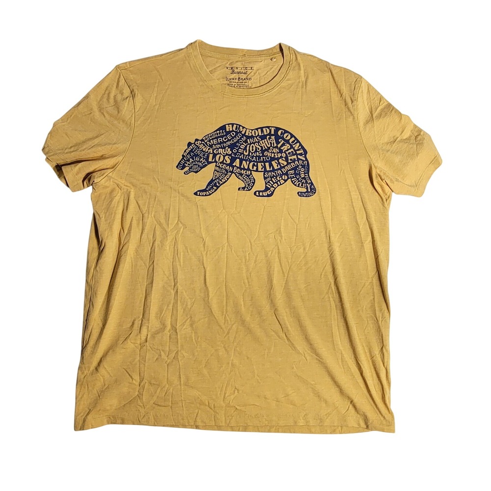 Lucky Brand Mens XXL Venice Burnout California Bear Graphic T-Shirt Yellow